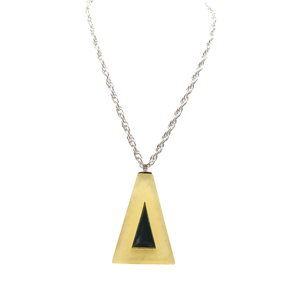 Vintage Celebrity Triangle Pendant Necklace with Yellow & Black Mod Resin Silver
